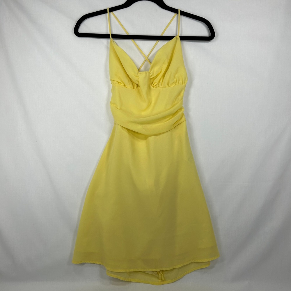 Butter Yellow Open Back Cross Strap Chiffon Mini Dress – Medium (M)